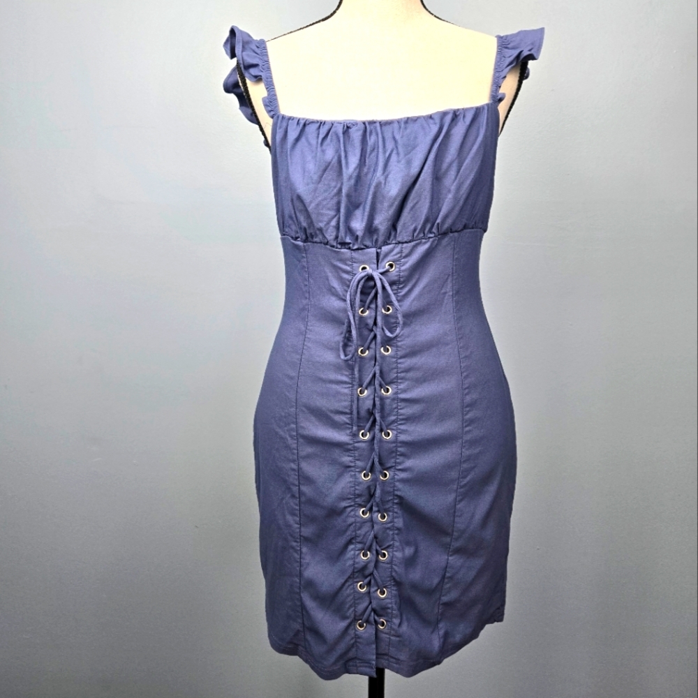 Blue Blush Womens Ruffled Sleeve Font Lace-Up‎ Lined Midi Dress Size Large Blue